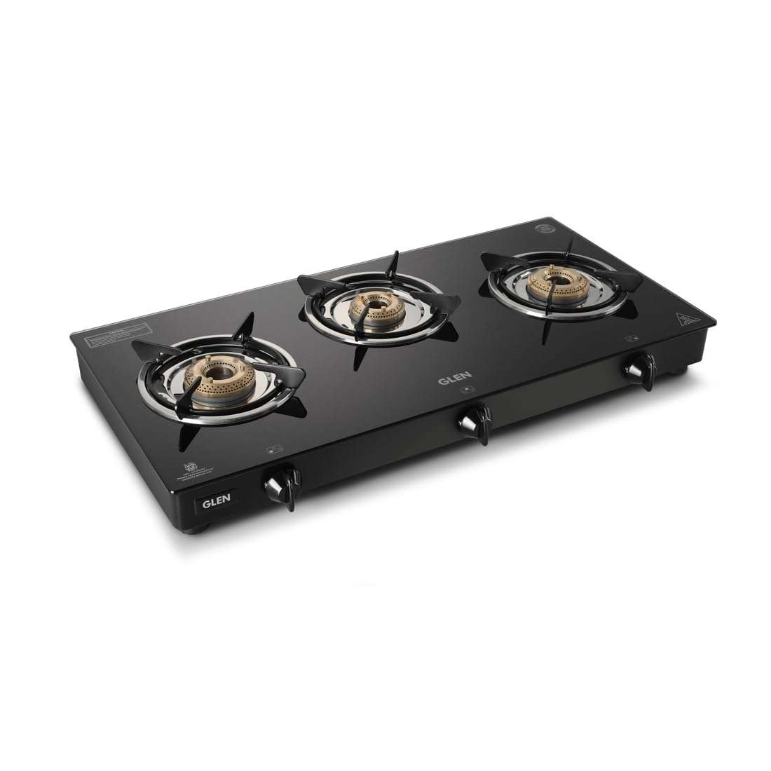Glen 3 High Flame Brass Burner Toughened Glass Top | LPG Gas Stoves | Black | Manual Ignition | ISI Certified | SS Drip Trays | Revolving Nozzle | Ergonomic Knobs | 2 Year Warranty | 1030 GT HF BB BL 1
