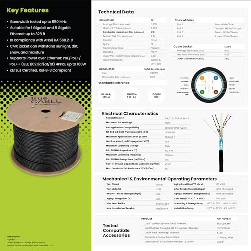 trueCABLE Cat6 Direct Burial, Shielded F/UTP, 1000ft, Waterproof, Outdoor Rated CMX, Black, 23AWG Solid Bare Copper, 550MHz, PoE++ (4PPoE), ETL Listed, Bulk Ethernet Cable 6