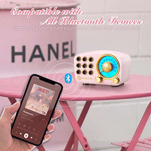 Retro Bluetooth Speaker, Vintage Radio-Greadio FM Radio with Old Fashioned Classic Style, Strong Bass Enhancement, Loud Volume, Bluetooth 5.0 Wireless Connection, TF Card and MP3 Player (Pink) 4