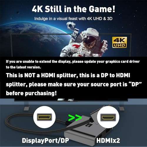 UANTIN DisplayPort to Dual HDMI Adapter | 4K 60Hz DP Source to HDMI Splitter Extended Display Adapter for Dual Monitors,Display Port Converter for NVIDIA, AMD Graphics Card 6