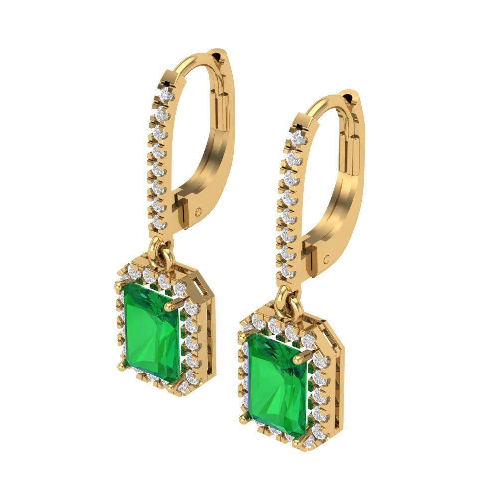 Clara Pucci 5.8 Carat Brilliant Emerald Cut Halo Drop Dangle Simulated Emerald 14k Yellow Gold Designer Earrings Lever Back 3