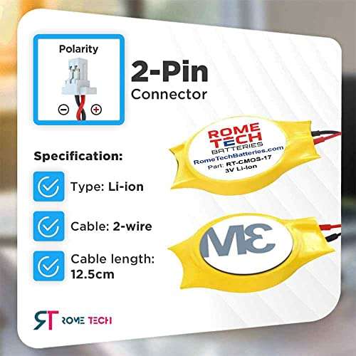 Rome Tech RTC CMOS Battery for HP EliteBook 640 G1, 645 G1, 650 G1 - BIOS CR2032 with 2 Pin Wire Cable 2