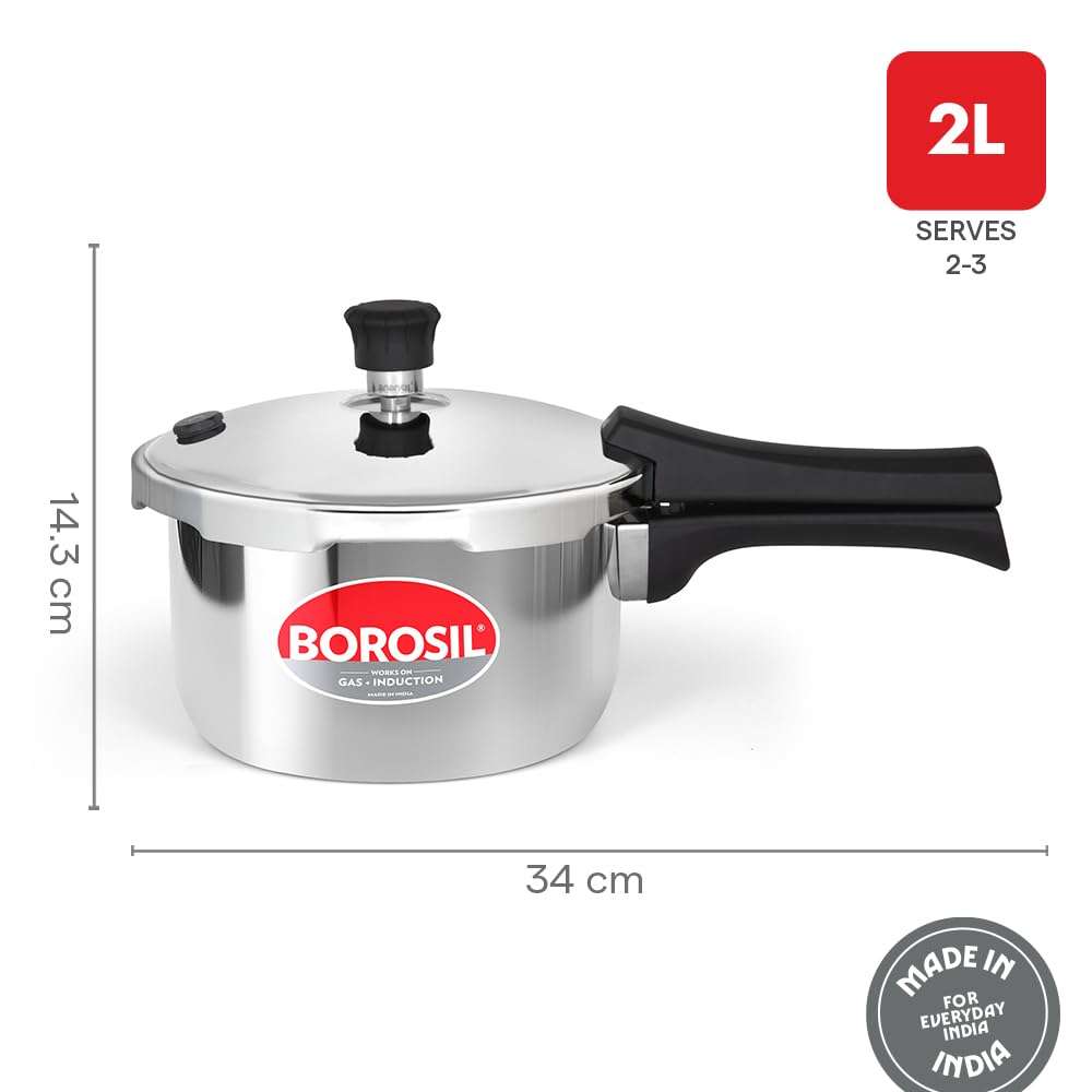 Borosil Triply Pressure Cooker | SS304 Food Grade Stainless Steel | Even Heat Distribution | Gas Stove & Induction Compatible | Dishwasher Safe | 5 Years Warranty (2 L, Outer Lid) 4