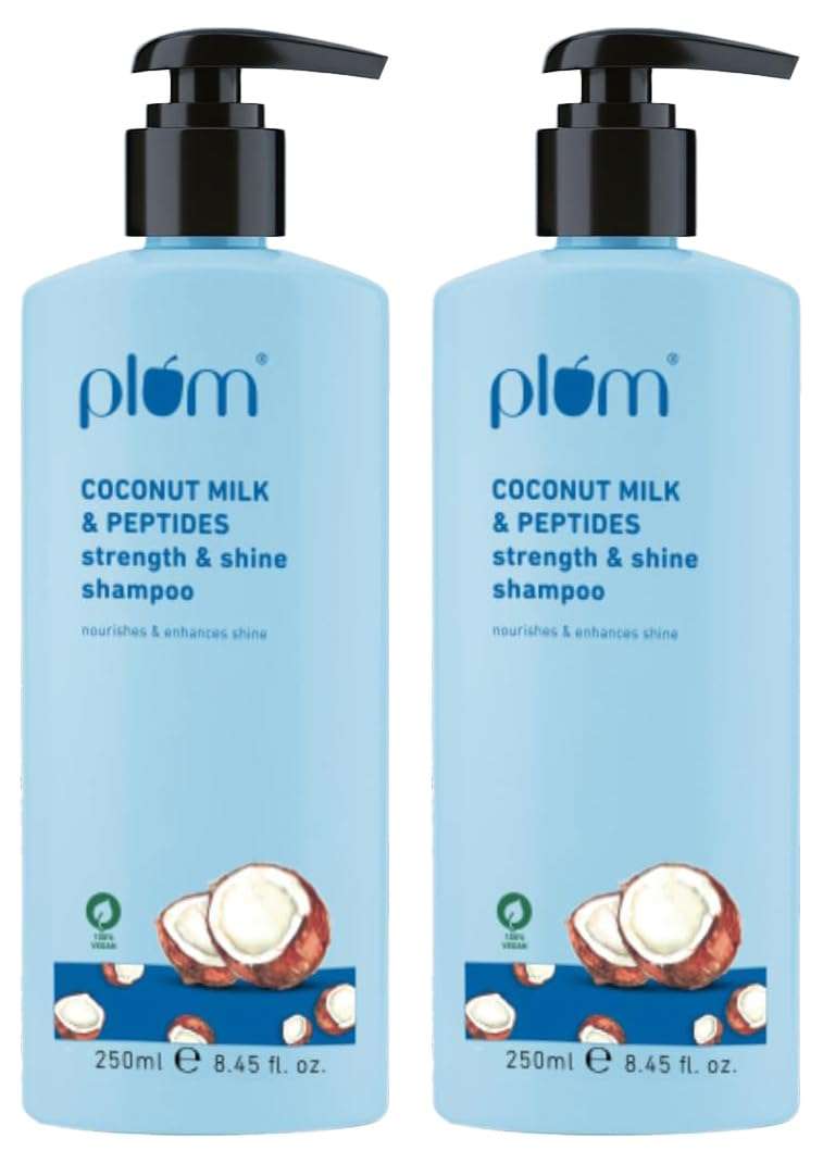 Plum Coconut Shampoo for Dull Hair with Coconut Milk and Peptides for Strong & Shiny Hair I 22x shine I Soft, silky hair I Shampoo for Women and Men | SLS sulphate and paraben free shampoo I 250ml (Pack of 2) 2