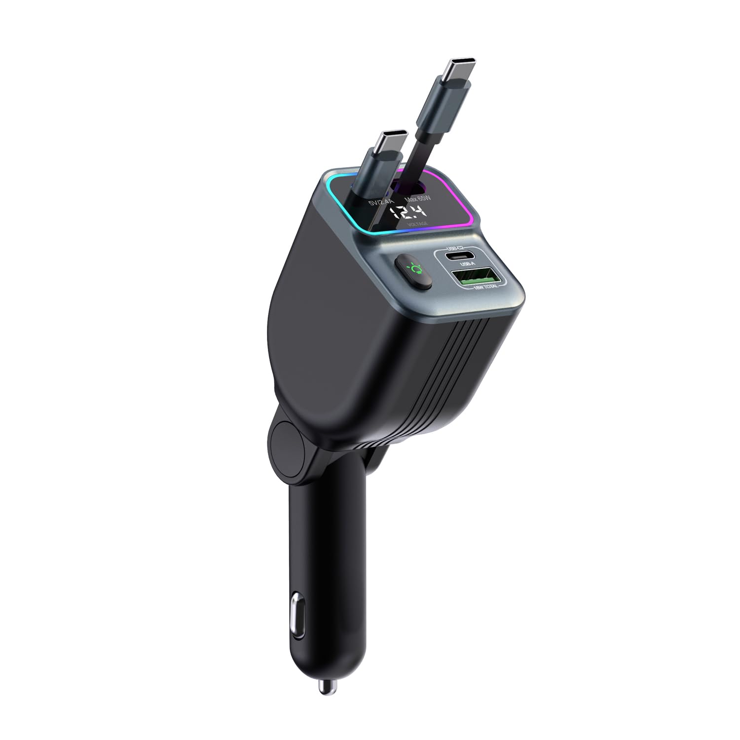 Retractable 32" Cord,83W Car Charger Adapter with PD 65W Type-C Cable, 4-in-1 Fast and Safe Charging, Zero Risk to Car & Device, Battery Voltage Display, Ambient Light, USB-C USB-A, for Phone, Tablet 1