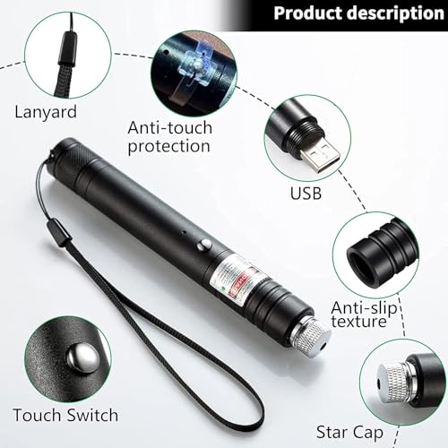 Cyahvtl Laser Pointer, Tactical Flashlights 2000 Metres Green Long Range High Power Handheld Flashlight, Rechargeable Laser Pointer for USB, with Star Cap Adjustable Focus Suitable for Projecto 6