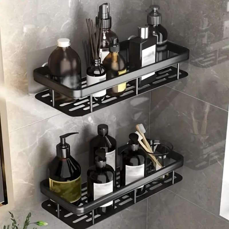 Aluminium Pack of 2, Self Adhesive Bathroom Shelf for Wall Shelf Organizer Wall Mounted Bathroom Shelves Rack Holder Stand for Bathroom Accessories Organiser Without Drill Black Long 5