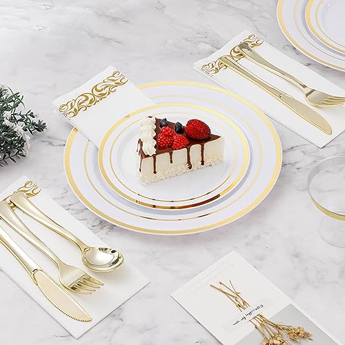 BESTVIP 175 PCS Gold Dinnerware Set for 25 Guests, Plastic Dinnerware Set for Party, Wedding, Christmas, Halloween, Include: 50 Plastic Plates, 25 Gold Silverware, 25 Cups, 25 Paper Napkins 3