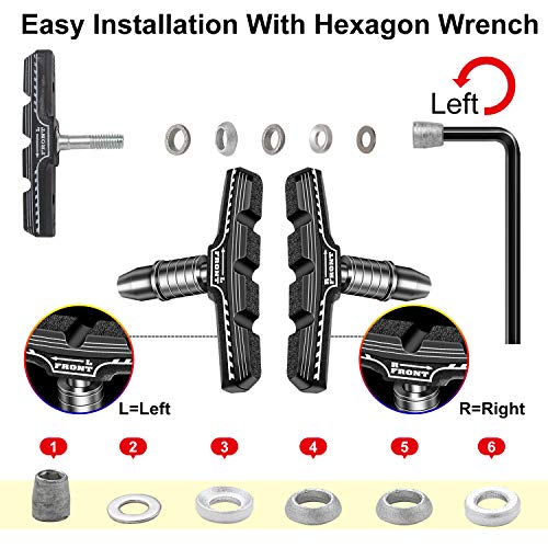 Bike Brakes Pads Set, Brakes Kit, Road Mountain Cycle Bicycle Rubber Universal V-Brake Blocks Shoes with Hex Nut Tools and Shims, No Noise No Skid, 70mm, Fits Most Bikes MTB City Folding Bike Pads 4