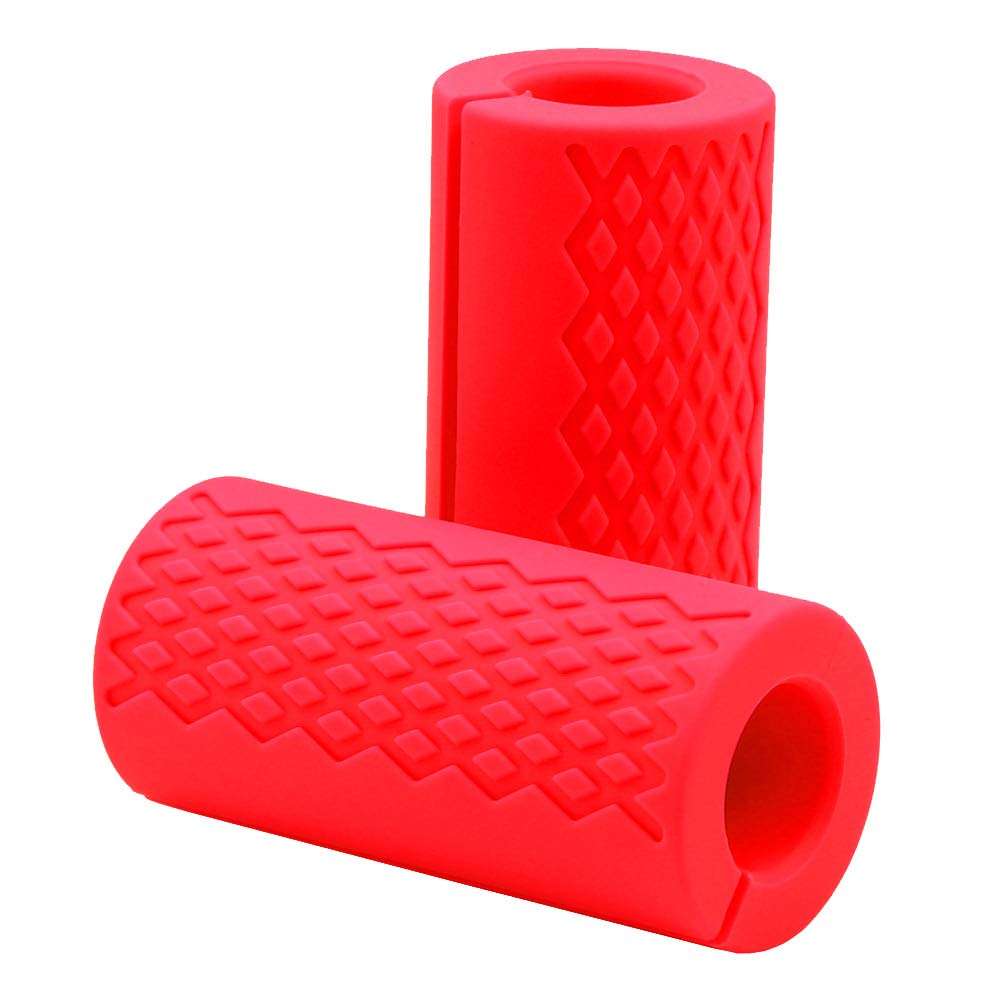 Gym Weight Bar Grips - fit Standard Barbell, Dumbell Handles, Bicep, Pull Up Bar, Rope Grips - Grip Bar Body Arm Forearm Builder Strength for Weight Lifting Fitness Training (Red, Moderate) 2