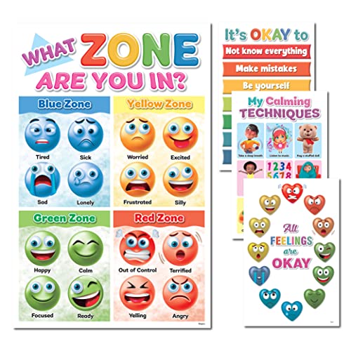 DeeDee's Workshop 4 Feelings Chart For Kids, Zones of Regulation Poster, Emotions Poster, Emotion Chart for Kids, Emotional Regulation, Set of 4 (11 x 17 inches) 1