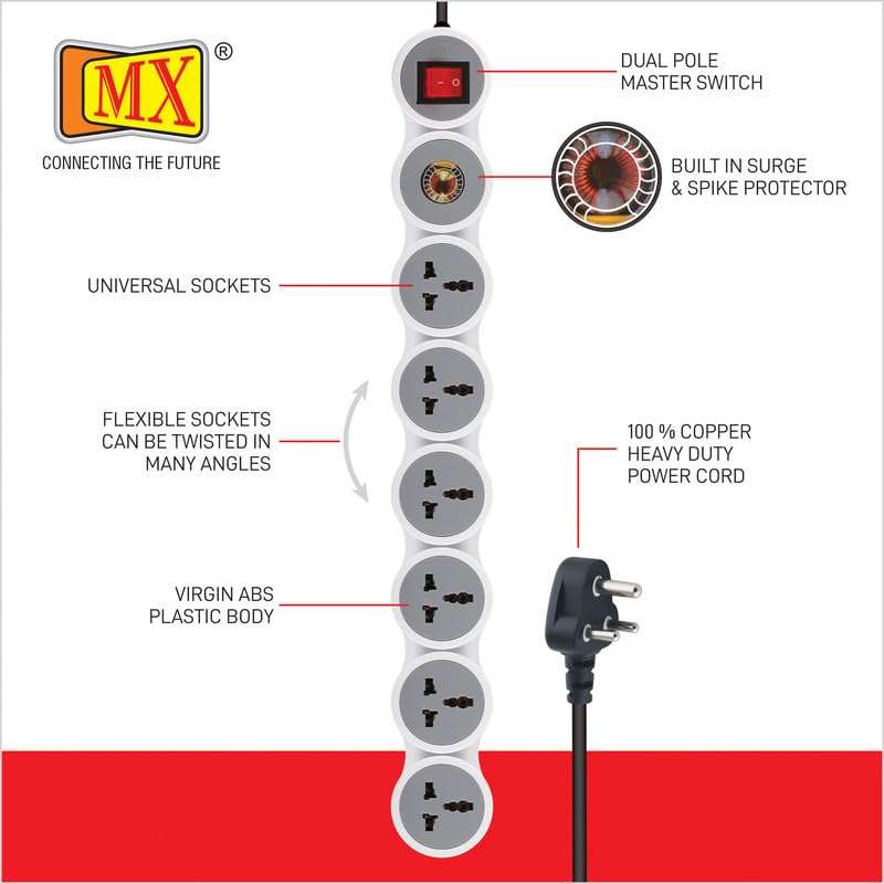 MX Extension Board with spike protector - 6 Universal Sockets, 15A/16A/20A Spike Guard, 10m Extension Cord, Illuminated Circuit Breaker Master Switch (3323_10mtr) 4