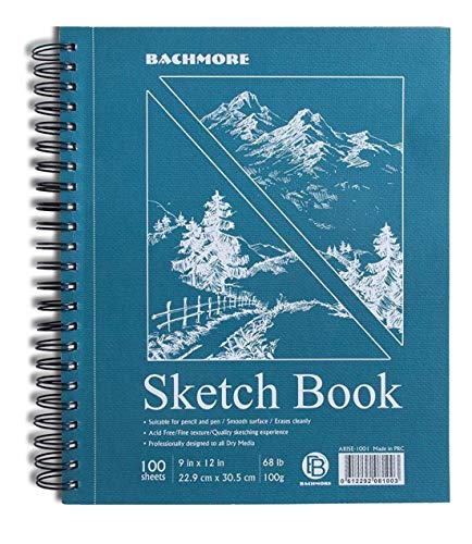 Bachmore Sketchpad 9X12" Inch (68lb/100g), 200 Sheets of Spiral Bound Sketch Book for Artist Pro & Amateurs | Marker Art, Ink Art, Colored Pencil, Acrylic Paint, Charcoal for Sketching