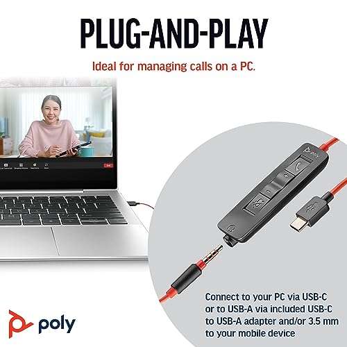 Poly Blackwire 3325 Wired Headset (Plantronics) – Flexible Microphone Boom – Hi-fi Stereo - Connect to PC/Mac/Mobile via USB-C, USB-A, or 3.5 mm - Works with Teams, Zoom - Amazon Exclusive 4