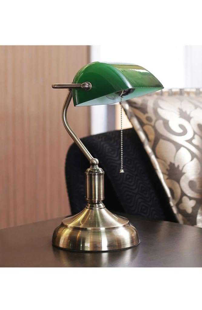 Green Table Lamp with Antique Brass Finish Base of Study Lamp for Computer Work Reading Writing Drafting Crafting Bookkeeping Sewing Knitting & Painting 3