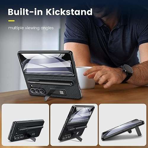 Maxdara Galaxy Z Fold 5 Case with S Pen Holder, Front Screen Protector & Kickstand - Carbon Fiber Black 3