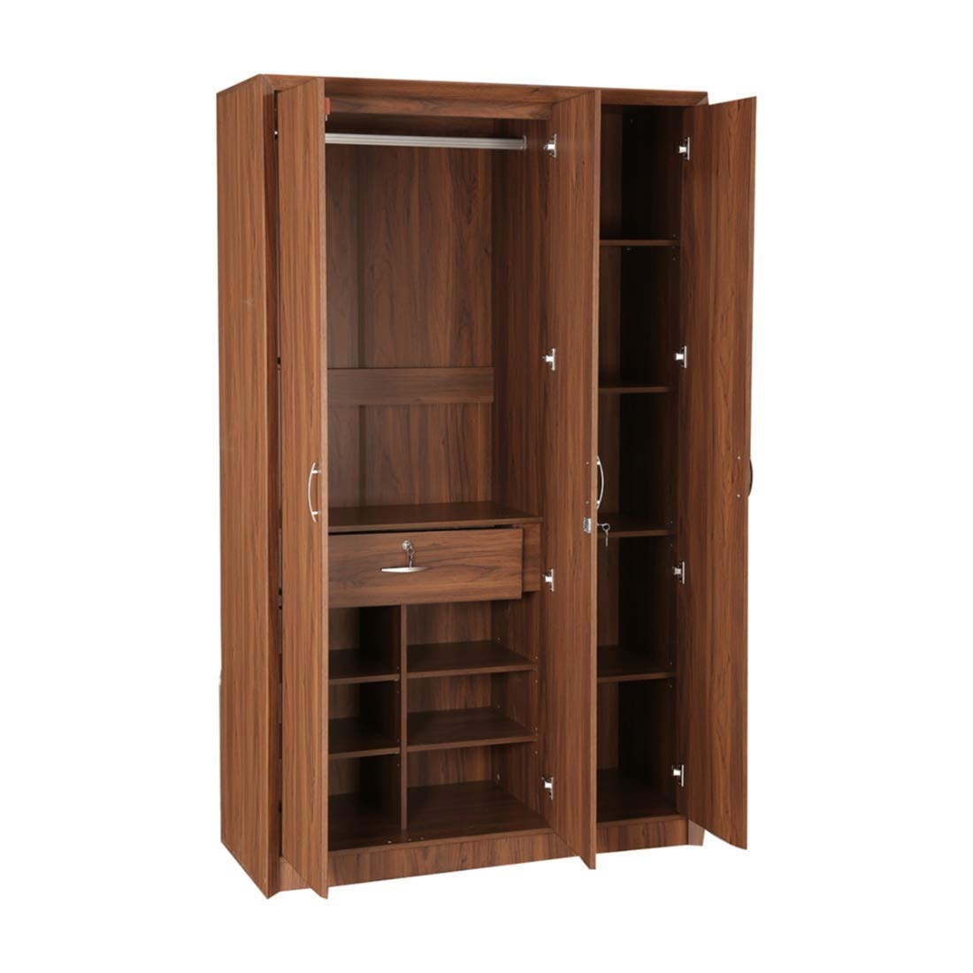 CASPIAN Furniture Light Brown Colour 3 Door Wardrobe Drawer Shelves and Hanging Space for Clothes Wardrobe for Clothes Almirah Cupboard Home Storage with Mirror 5