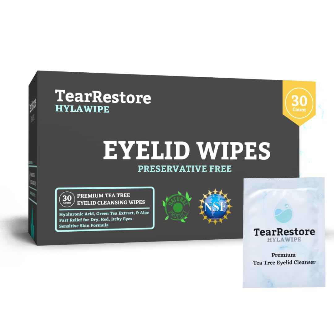 TearRestore Tea Tree HylaWipe Eyelid Wipes - 30 Count | Hydrating Eye Lid Cleanser | Blepharitis Treatment for Eyelids | Eye Lid Cleansing Wipes | Eyes Wipe for Dry, Red, Itchy, And Irritated Eyes 1