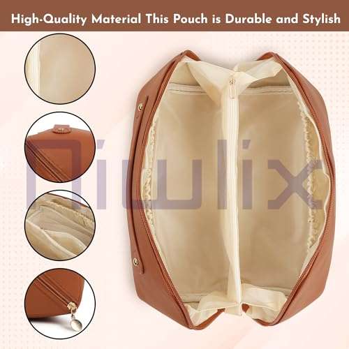 Niwlix Travel Cosmetic Makeup Pouches for Women Travel Organizer Bag Portable Pouch Open Flat Toiletry Bag Make Up Organizer with Divider and Handle (Brown) 3