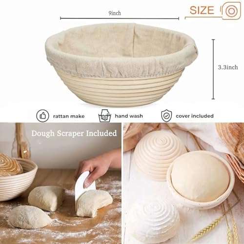 Farielyn-X 2 Packs 9 Inch Bread Banneton Proofing Basket - Baking Dough Bowl Gifts for Bakers Proving Baskets for Sourdough Lame Bread Slashing Scraper Tool Starter Jar Proofing Box 3