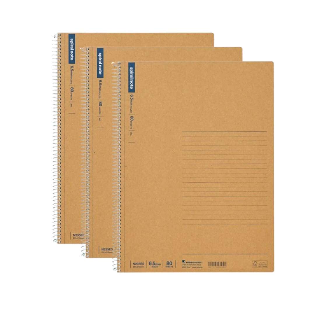 Maruman Spiral Note BASIC (A4), Ring Binding, 80 Sheets / 160 Pages, 6.5mm ruled, (N235ES), MADE IN JAPAN. (Pack of 3) 1
