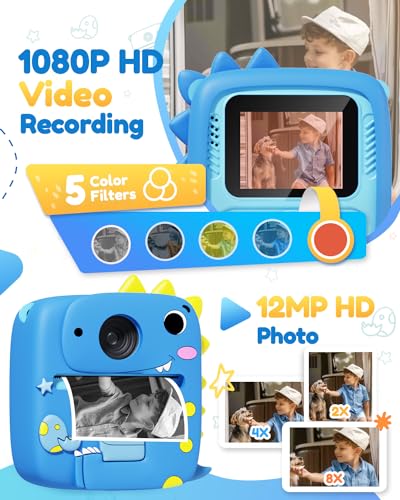 Kids Camera Instant Print, 1080P HD Digital Video Cameras for Kids with Print Paper & SD Card, Christmas Birthday Gifts for Girls Boys, Portable Dinosaur Toys for 3-10 Year Old Girls Boys- Blue 4
