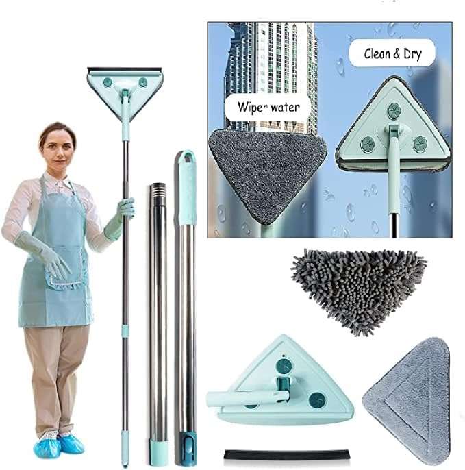 Eloxee Rotatable Triangle Mop with Long Handle Microfiber Flat Floor Mop Rotatable Cleaning Brush Glass Wiper Window Cleaner Floor Cleaning Car Glass Cleaning Scraper Dust Mop Stainless Steel 1