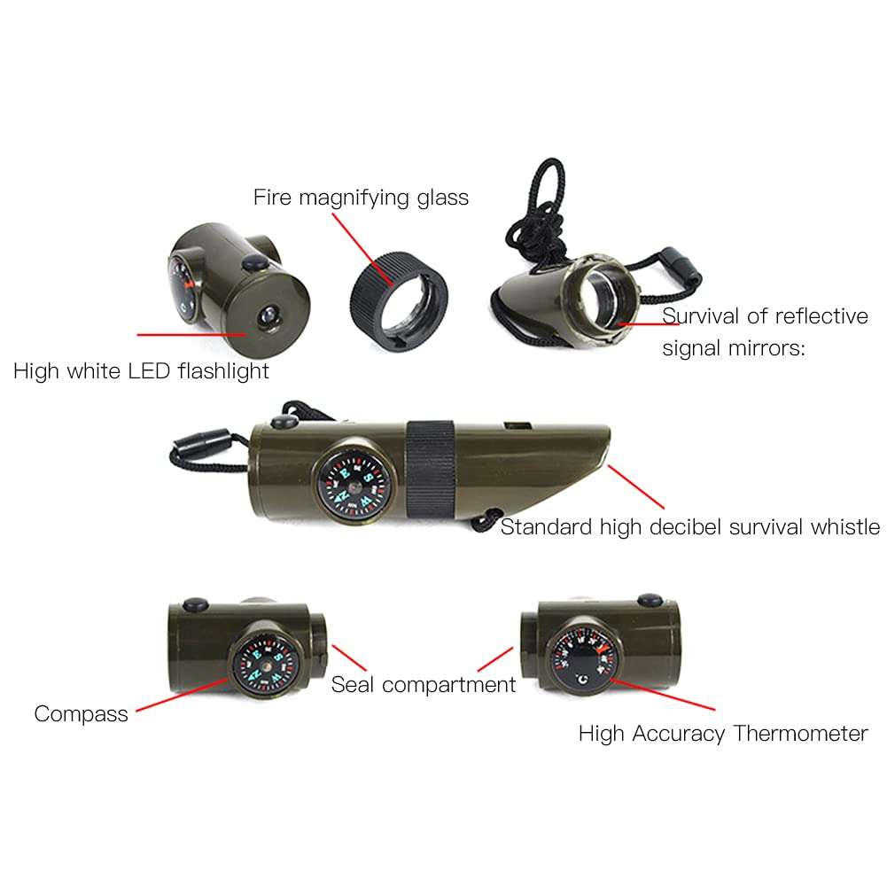 Tyenaza 2Pcs Outdoor Multifunction Survival Whistle, Supply with Nylon Rope Thermometer Compass 3