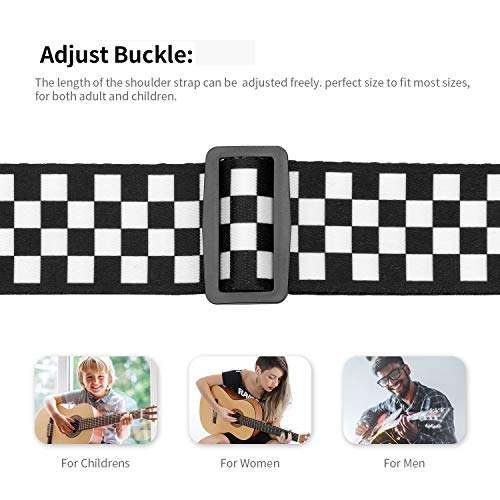 Guitar Strap, Bass Guitar Strap, Electric and Acoustic Guitar Straps - Durable Nylon Checkered Guitar Shoulder Strap with Leather Ends (Black and White Checkered) 4