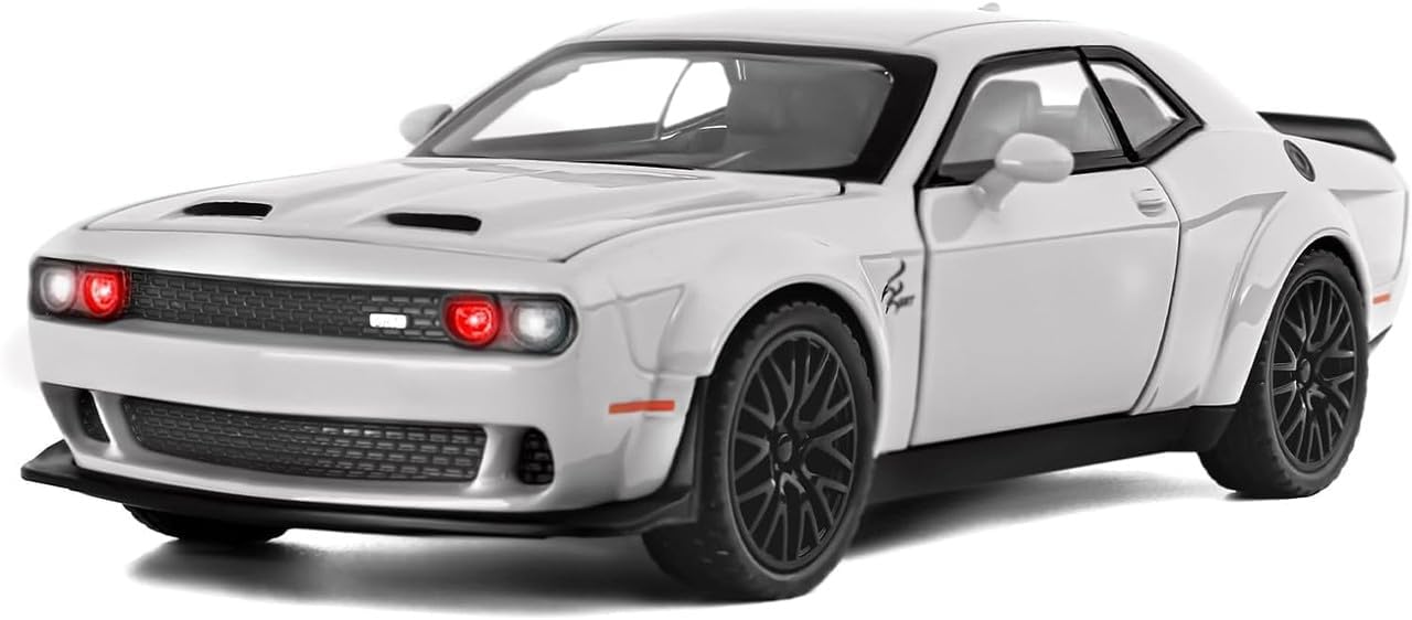 RJKD New 1:24 Dodge Challenger Alloy Die-Cast Metal Car Pull-Back Action with Openable Doors Realistic Sound and Light Effects Car for Kids - White 1