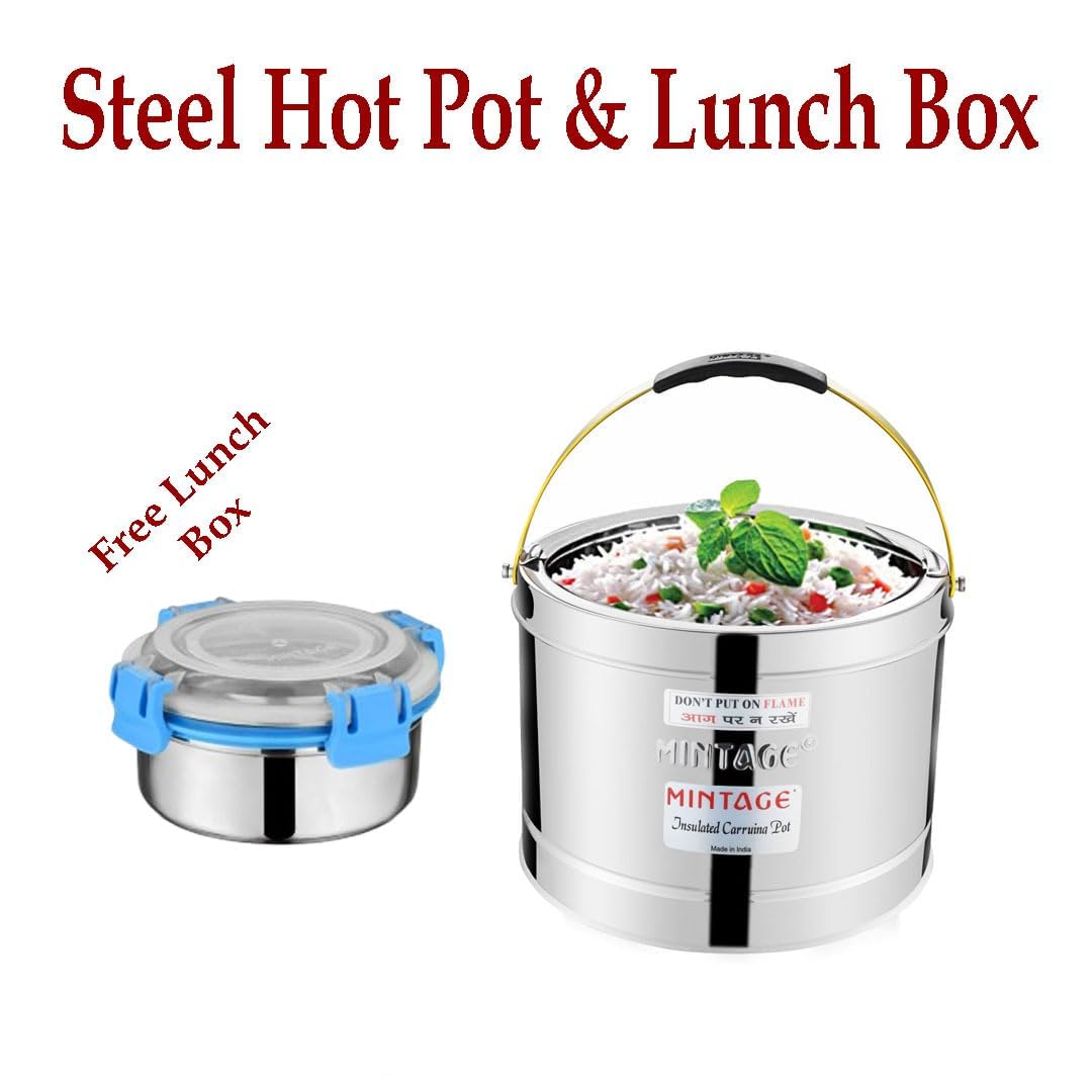 Mintage Stainless Steel Sambar Pot 5L with Free 200ml Leakproof Lunch Box Insulated Hot Pot Casserole for Cooking Durable Container Ideal for Indian Cooking Hotel Restaurant Canteens Travel Picnic 6