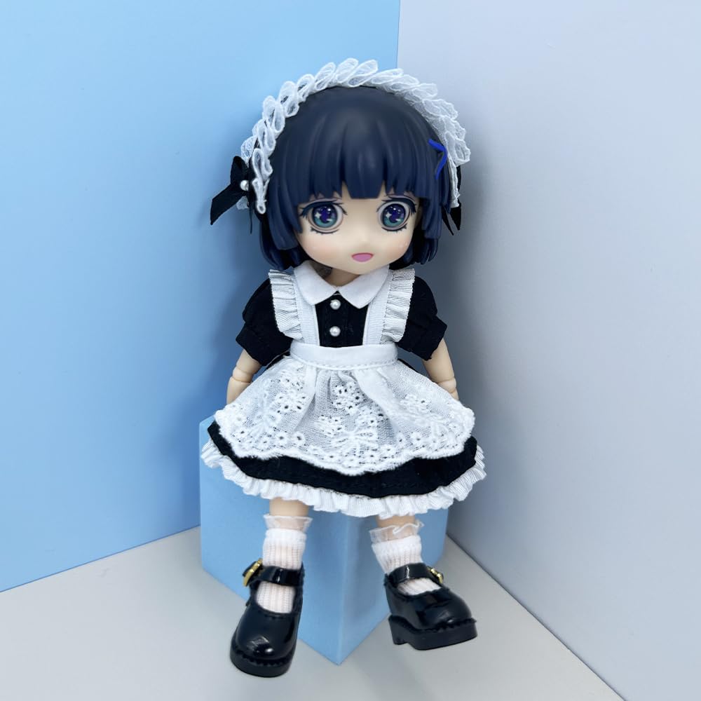 niannyyhouse 1/12 BJD Doll Clothes Headwear Dress Apron Shoes Socks Maid Outfit OB11 4.3in Action Figures Doll Dressup (Blue) 3