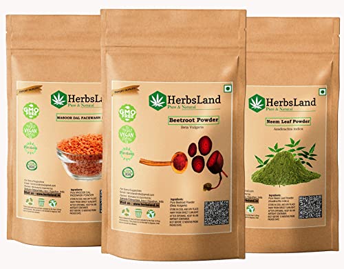 HerbsLand® 100% Natural Beetroot (SuperFood) (Beta Vulgaris), Masoor Dal (Red Lentils-Seed) FacePack and Neem Leaf Powder For Face & Skin Care (100gm Each) 1