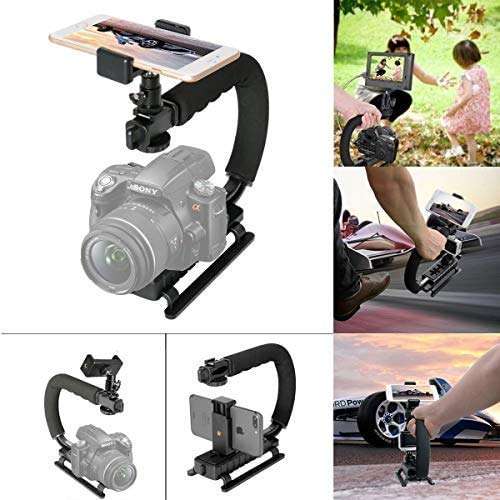 VIBLITZ® 3 in 1 Universal Stabilizer C-Shape Bracket Video Handheld Grip + Ball Head hot Shoe Adapter + Mobile Phone Clip Holder for 4in1 DSLR Camera +Camcorder +Smartphone Video Rig Mount Fit 5