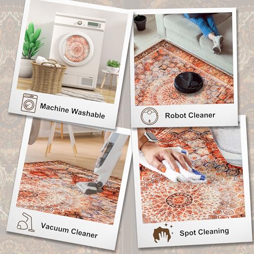 Boho Small Hallway Runner Vintage Faux Wool Throw Non Slip Washable Area Entryway Floor Carpet Red Orange Rug for Bedroom Bathroom Kitchen Laundry Entrance Office Dorm 3