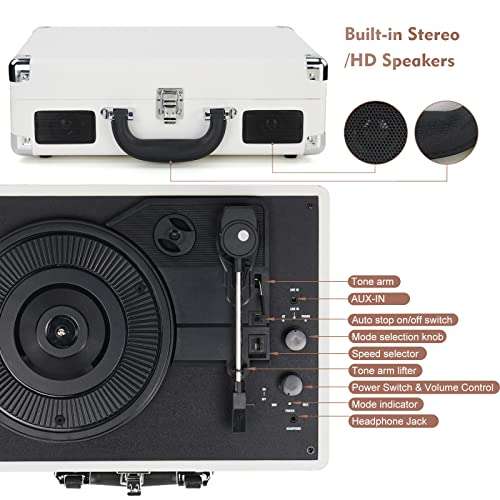 Vinyl Record Player Wireless Turntable Bluetooth 3-Speed Portable Vintage Suitcase with Built-in Speakers, Includes Extra Stylus, RCA Out, AUX in 4