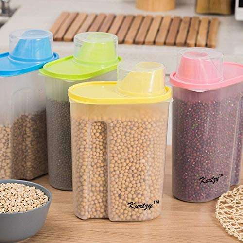 Kurtzy Cereal Dispenser Jars - (Pack of 5) Air-Tight Lid Multipurpose Storage Containers Set with Measuring Cups for Rice,Pulses,Grains Pet Foods - Home & Kitchen, Pets (2.5 litres Each) 5
