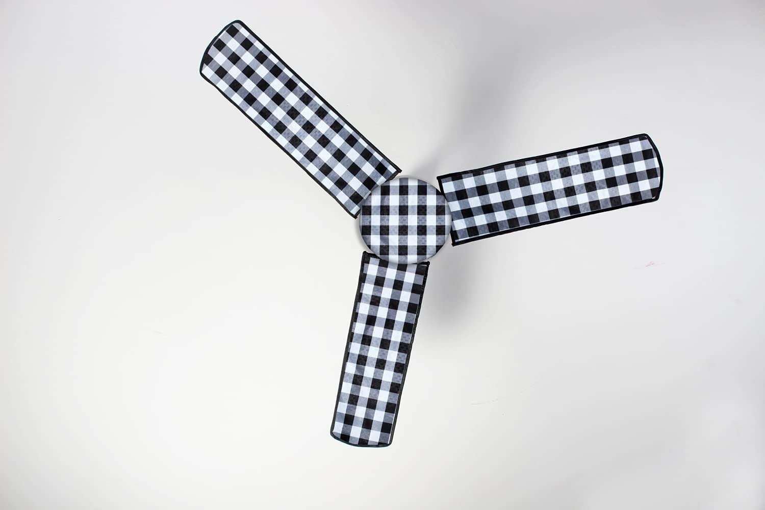 The Furnishing Tree Waterproof & Dustproof Three Blade Ceiling Fan Cover with Attachable End Enclosure Set of 3 Fan Covers Gingham Black & White 1