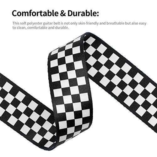Guitar Strap, Bass Guitar Strap, Electric and Acoustic Guitar Straps - Durable Nylon Checkered Guitar Shoulder Strap with Leather Ends (Black and White Checkered) 3