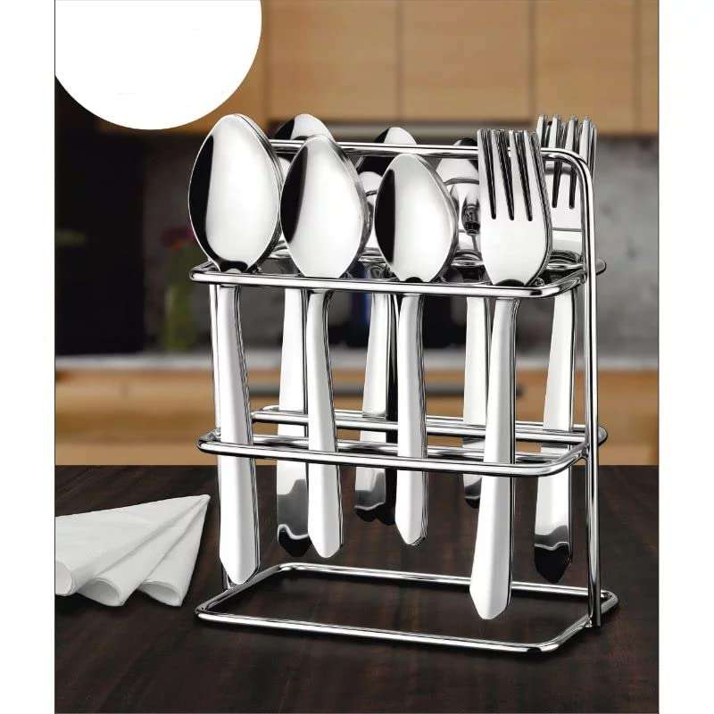 Sajani 24 pcs Stainless Steel Cutlery Set / Forks with Stand for Home & Kitchen / 6 Dinner Spoons / 6 Dinner Forks / 6 Dessert Spoons / and 6 Tea Spoons / Cutlery Set with Stand ( Silver ) 4