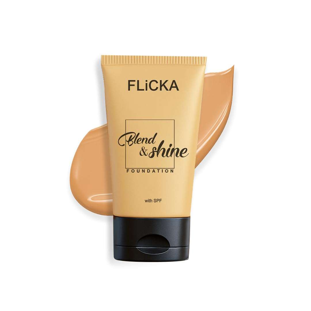 FLiCKA Blend & Shine Liquid Foundation for Face Makeup 30ml | Medium to High Coverage | Vitamin E, Avocado Oil & SPF | Moisturizing, Lightweight, Waterproof | All Skin Types | 04 Walnut ,Matte Finish 1