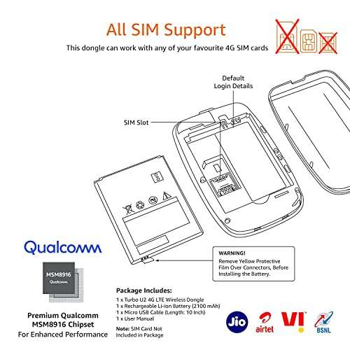 AmazonBasics 4G LTE Wireless Dongle with All SIM Network Support | Plug & Play Data Card Stick with up to 150Mbps WiFi Hotspot | 2100mAh Rechargeable Battery| SIM Adapter Included (White) 5