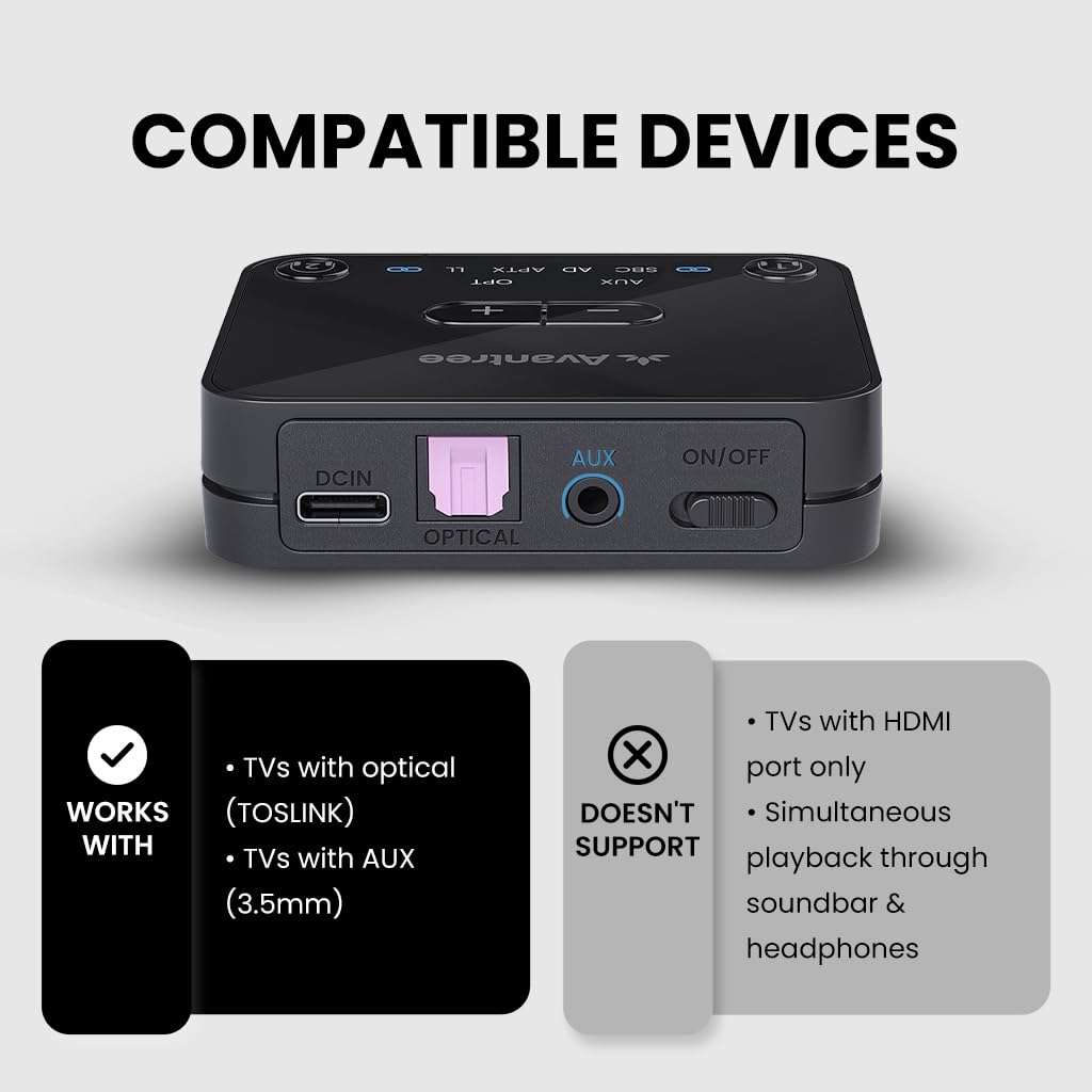 Avantree Audikast 3 [2025 Version] - Bluetooth 5.3 Transmitter for TV with Optical or AUX Audio Output Port & Avantree TWS116 - Open-Ear Wireless Headphones & Charging Dock with Surroundings Awareness 4