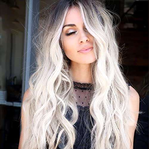 WOCO Long Wavy Wig, Ombre Platinum Blonde Wigs for Women, Synthetic Wig with Natual Hairline Lace Fornt Sliver White Curly Middle Part Hair Replacement Wigs for Halloween Daily Party Cosplay Use 2