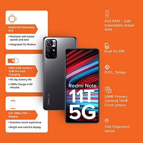 Redmi Note 11T 5G (Matte Black, 8GB RAM, 128GB ROM)| Dimensity 810 5G | 33W Pro Fast Charging | Charger Included | Additional Exchange Offers| Get 2 Months of YouTube Premium Free! 2