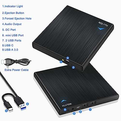 NOLYTH External CD DVD Drive for Laptop: USB CD Burner Plug and Play for Mac MacBook PC Windows - Portable with 1 Audio 2 USB Ports Slim Player Reader for CDs and DVDs 5