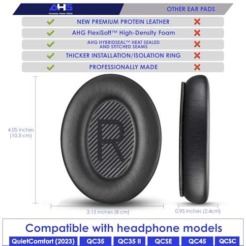 AHG Accessory House Global qc Replacement Ear Pads Cushions Compatible with Bose QuietComfort 35 II / QC35, QCSE, QCSC and QC45 Wireless Headphones (Black) - Premium Material | Extra Thick | Durable 4