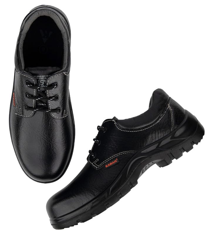 Karam FS02 Black Leather Safety Shoes for Men | Single Density with Steel Toe | Antistatic, Antislip, Oil & Heat Resistant | Size-04 5