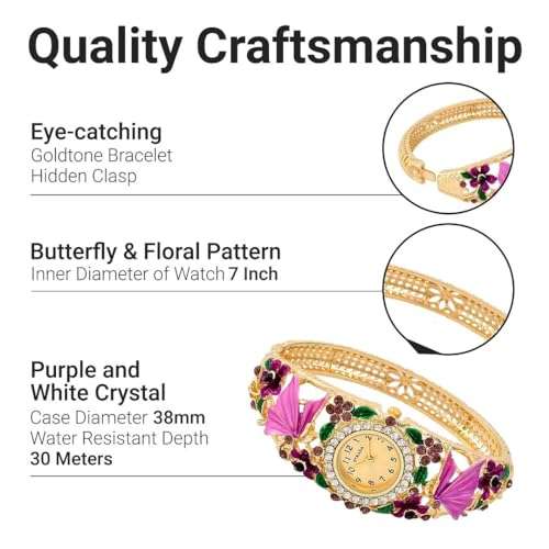 Shop LC Pink Butterfly Watches for Women Strada Crystal Japanese Movement Water Bangle Watch in Gold Plated with Stainless Steel Back Wrist Jewelry Fashion Analog Digital Classic Timer Birthday Gifts 4