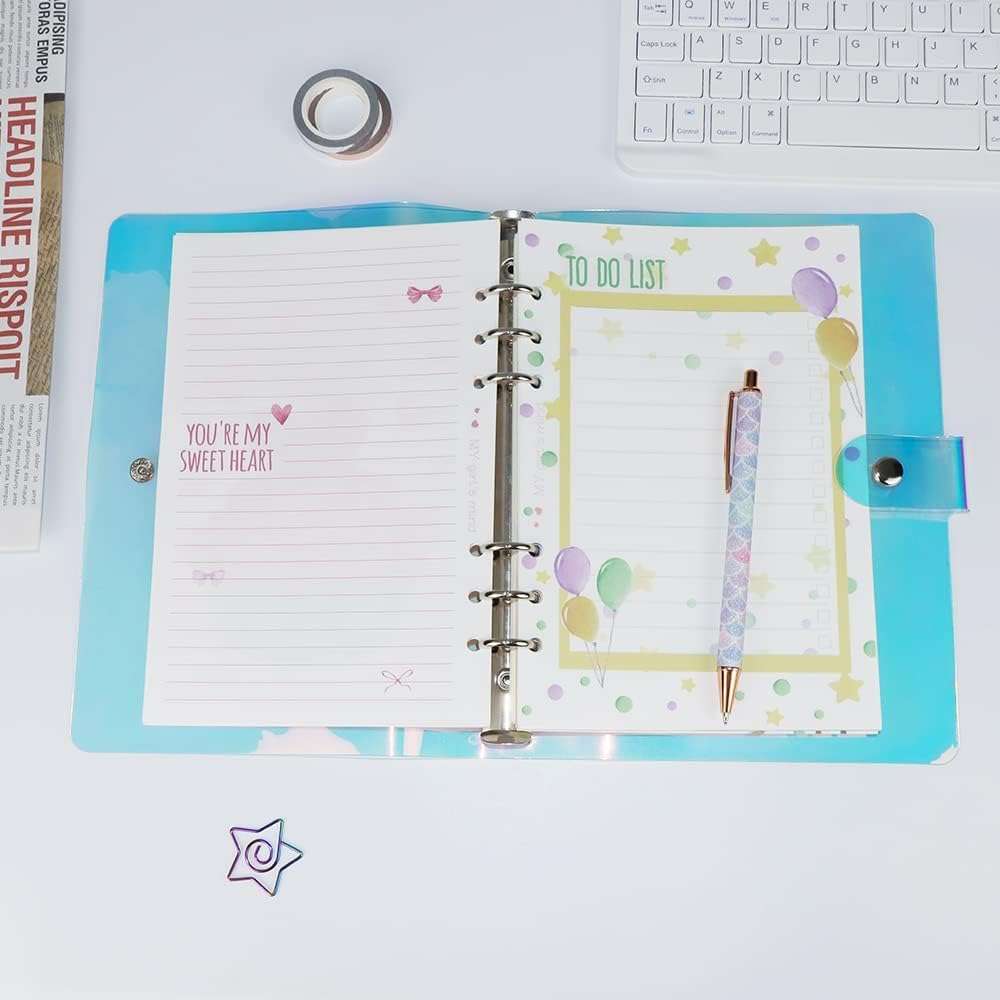 Rainbow Clear 6-Ring Planner Binder - Soft PVC Transparent Loose Leaf Personal Planner With Snap Button Closure - Round Ring A6 Notebook 6